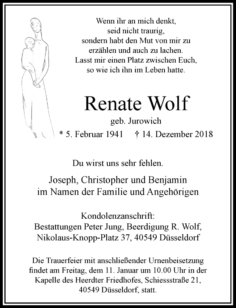 Traueranzeige für Renate Wolf vom 29.12.2018 aus Rheinische Post