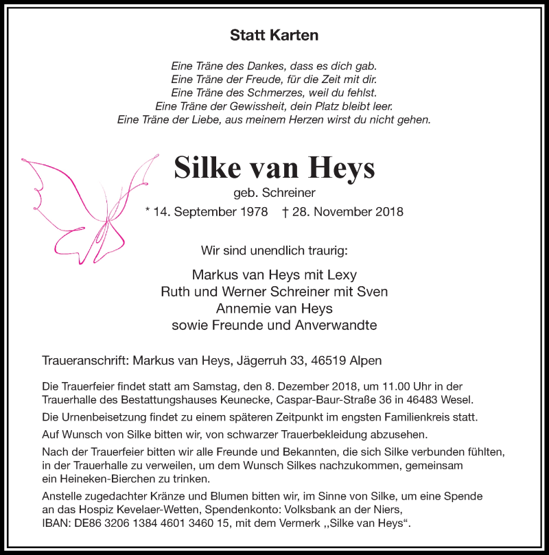  Traueranzeige für Silke van Heys vom 06.12.2018 aus Rheinische Post