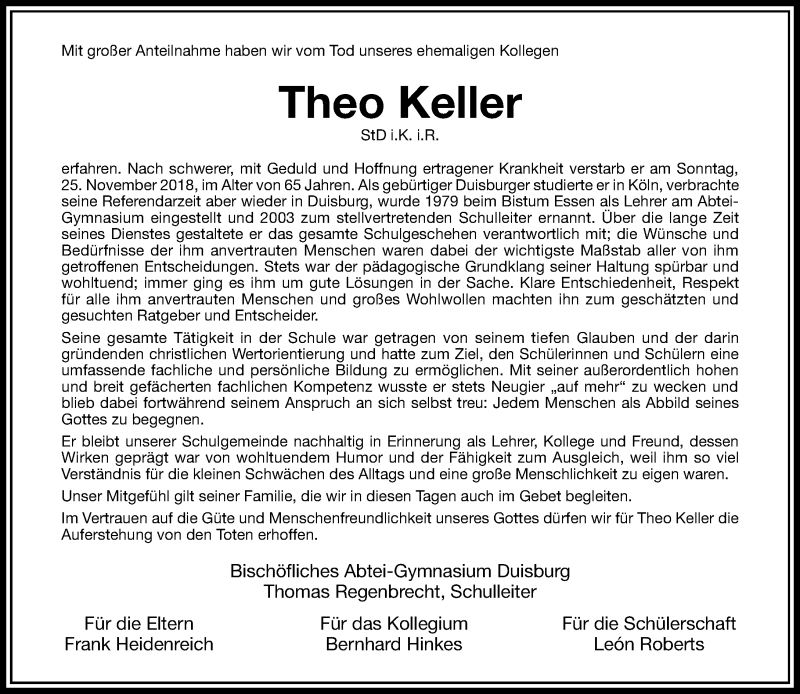  Traueranzeige für Theo Keller vom 04.12.2018 aus Rheinische Post