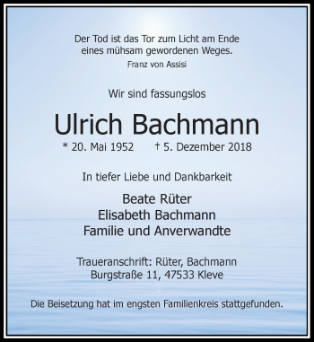 Traueranzeige von Ulrich Bachmann von Rheinische Post