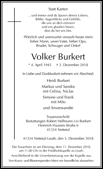 Traueranzeige von Volker Burkert von Rheinische Post