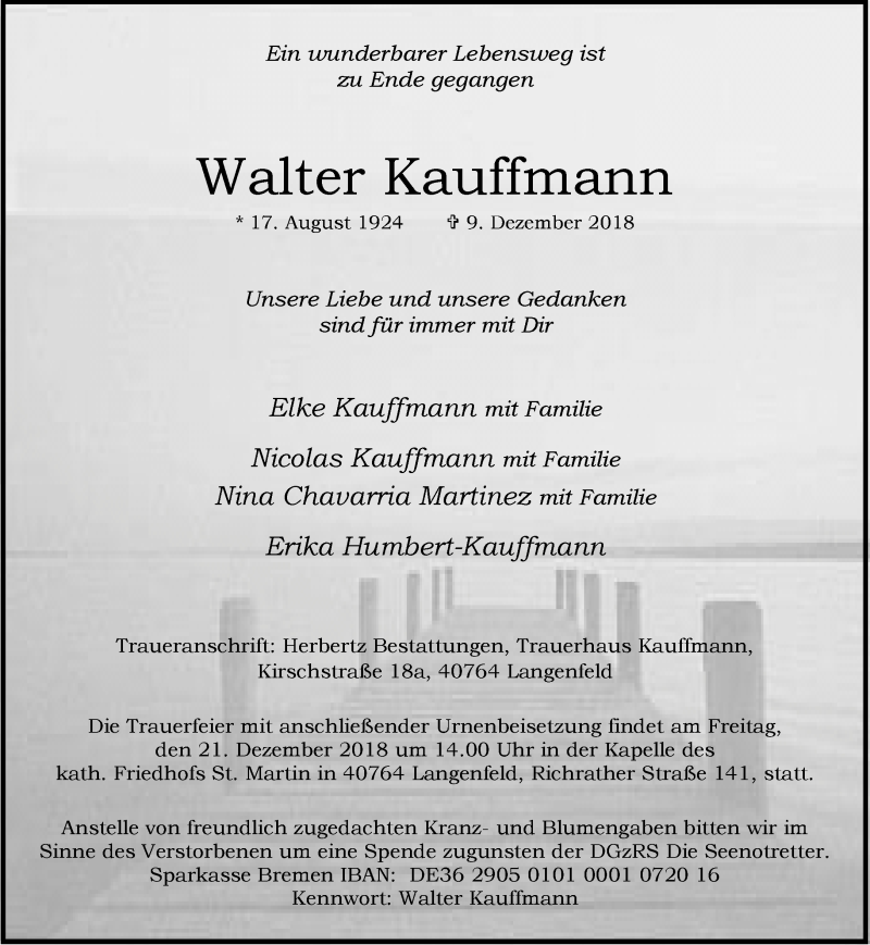  Traueranzeige für Walter Kauffmann vom 15.12.2018 aus Rheinische Post