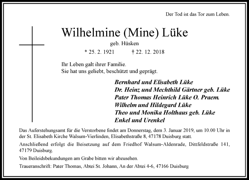  Traueranzeige für Wilhelmine Lüke vom 31.12.2018 aus Rheinische Post