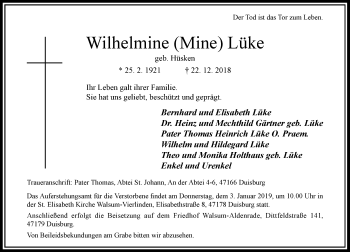 Traueranzeige von Wilhelmine Mine Lüke von Rheinische Post