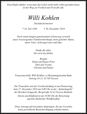Traueranzeige von Willi Kohlen von Rheinische Post