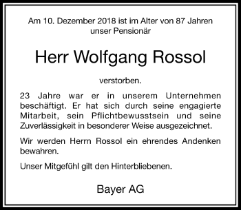 Traueranzeige von Wolfgang Rossol von Rheinische Post