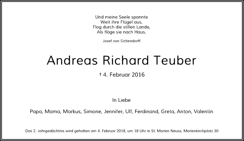  Traueranzeige für Andreas Richard Teuber vom 03.02.2018 aus Rheinische Post
