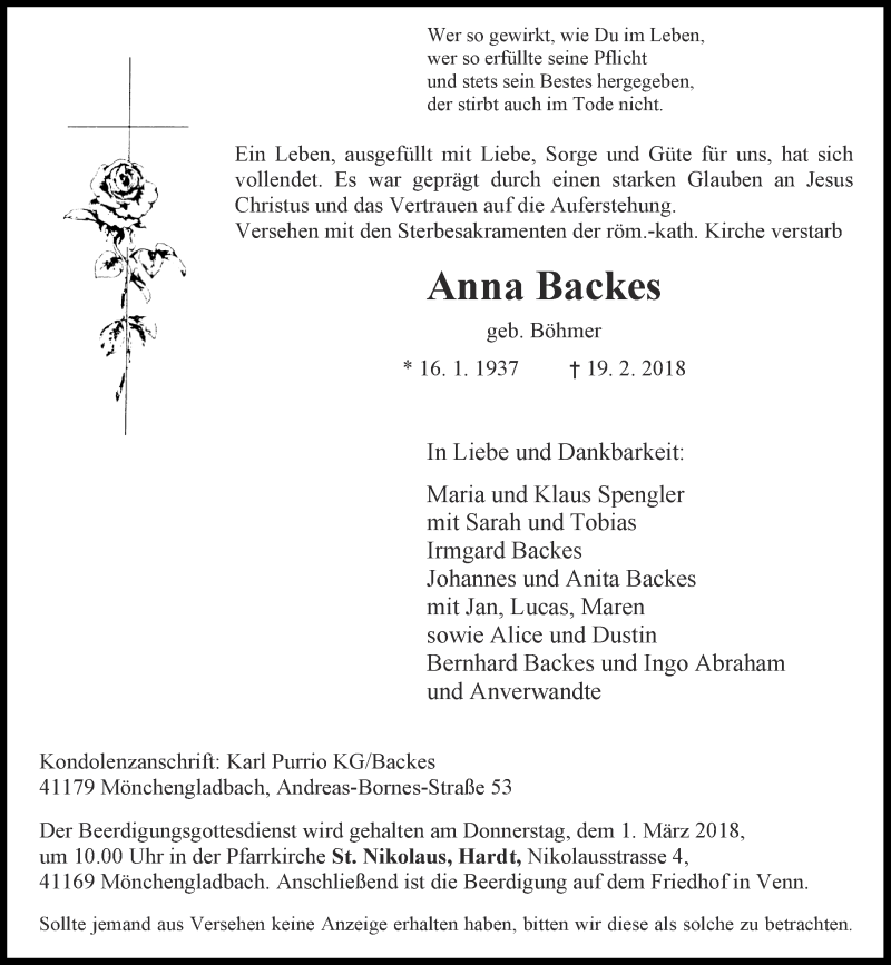  Traueranzeige für Anna Backes vom 24.02.2018 aus Rheinische Post