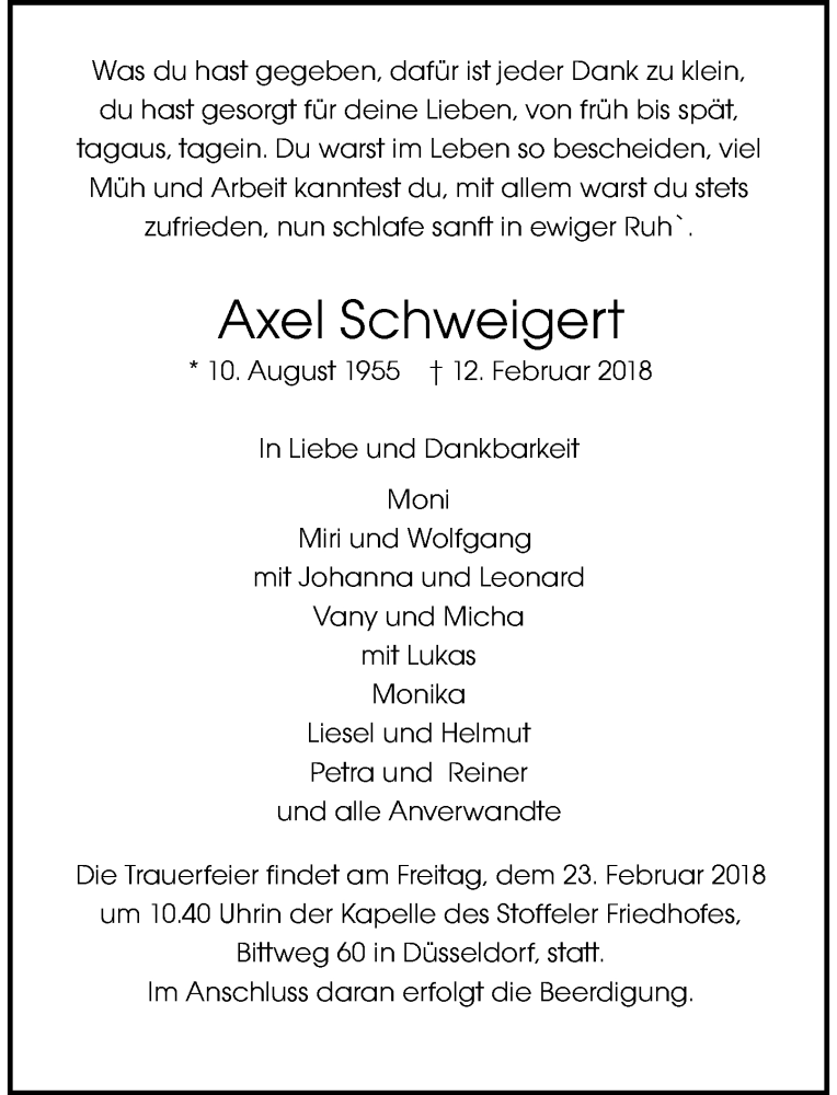  Traueranzeige für Axel Schweigert vom 17.02.2018 aus Rheinische Post