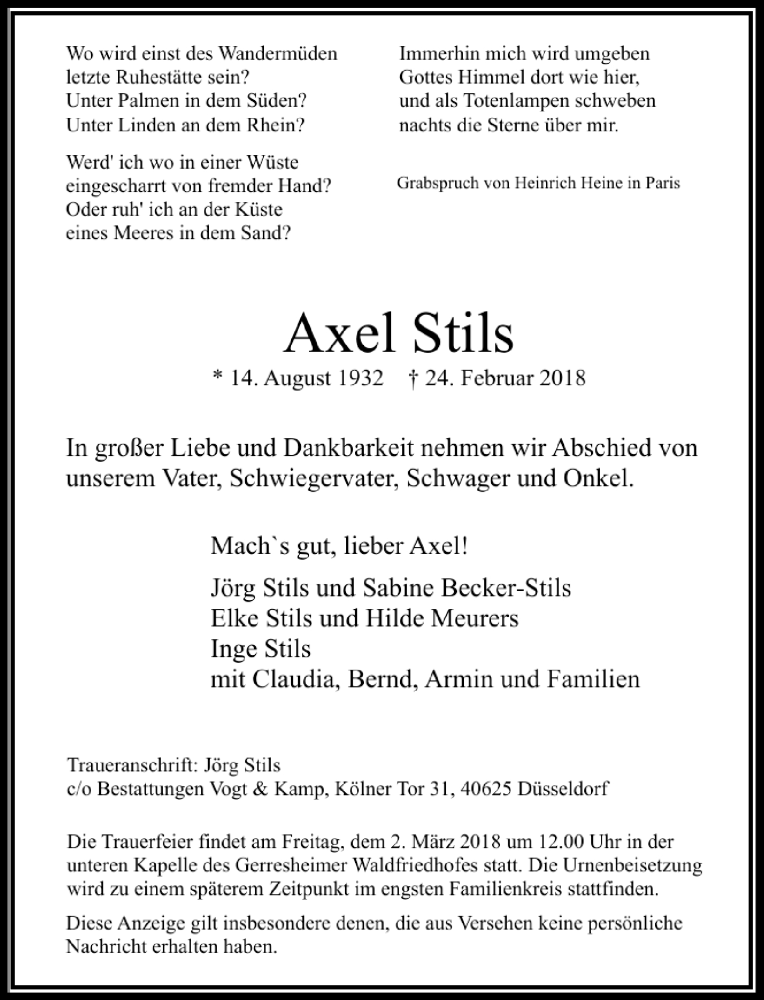  Traueranzeige für Axel Stils vom 28.02.2018 aus Rheinische Post