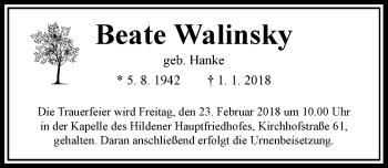 Traueranzeige von Beate Walinsky von Rheinische Post