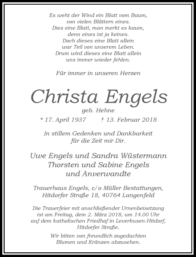  Traueranzeige für Christa Engels vom 24.02.2018 aus Rheinische Post
