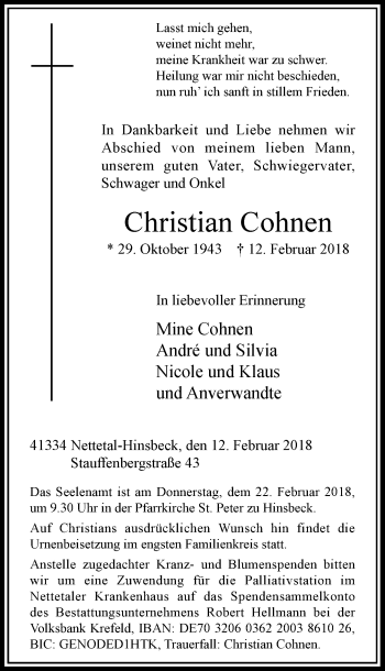 Traueranzeige von Christian Cohnen von Rheinische Post