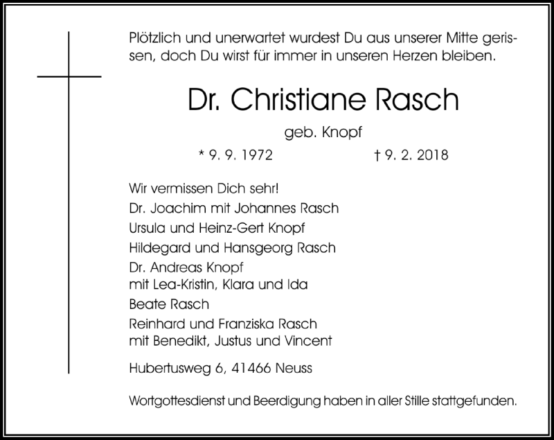  Traueranzeige für Christiane Rasch vom 17.02.2018 aus Rheinische Post