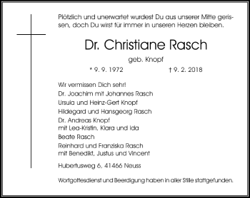 Traueranzeige von Christiane Rasch von Rheinische Post