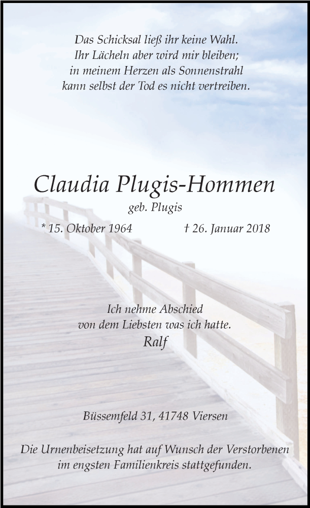  Traueranzeige für Claudia Plugis-Hommen vom 17.02.2018 aus Rheinische Post