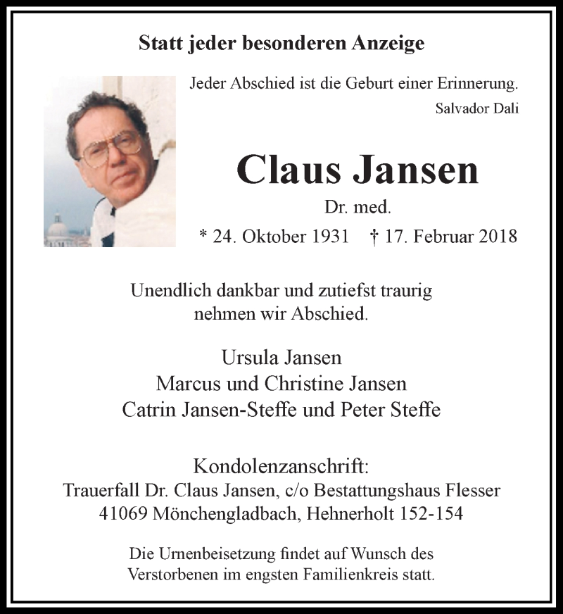  Traueranzeige für Claus Jansen vom 24.02.2018 aus Rheinische Post