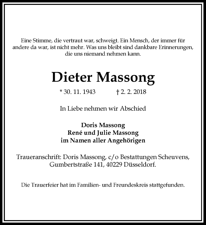  Traueranzeige für Dieter Massong vom 10.02.2018 aus Rheinische Post