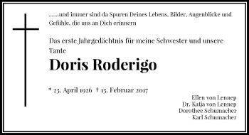 Traueranzeige von Doris Roderigo von Rheinische Post