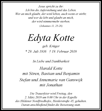 Traueranzeige von Edyta Kotte von Rheinische Post