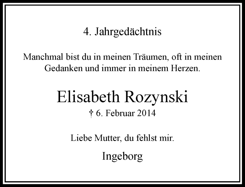  Traueranzeige für Elisabeth Rozynski vom 06.02.2018 aus Rheinische Post