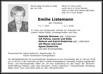 Traueranzeige von Emilie Listemann von Rheinische Post