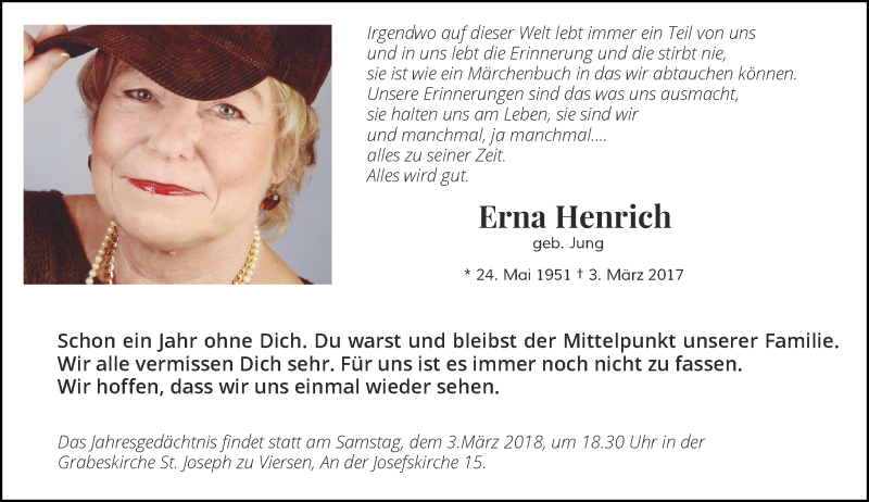  Traueranzeige für Erna Henrich vom 24.02.2018 aus Rheinische Post