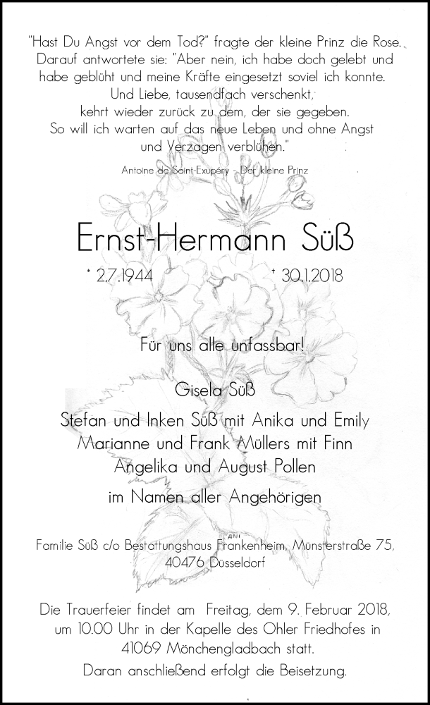  Traueranzeige für Ernst-Hermann Süß vom 07.02.2018 aus Rheinische Post