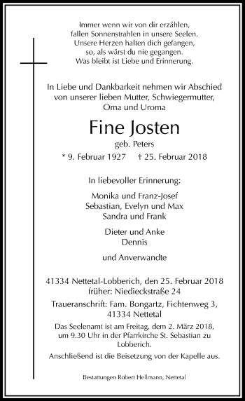 Traueranzeige von Fine Josten von Rheinische Post