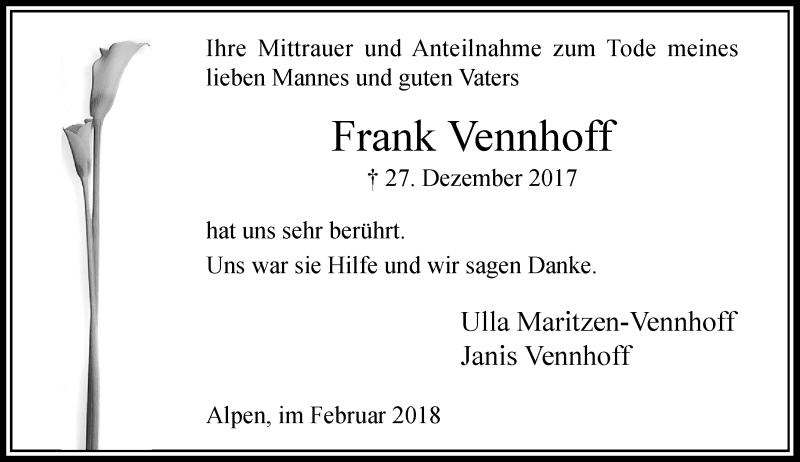 Traueranzeige für Frank Vennhoff vom 14.02.2018 aus Rheinische Post