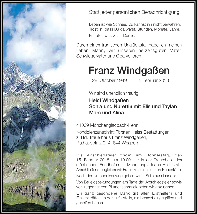  Traueranzeige für Franz Windgaßen vom 10.02.2018 aus Rheinische Post