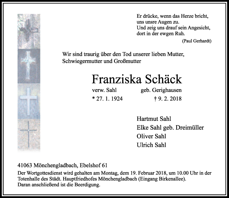  Traueranzeige für Franziska Schäck vom 15.02.2018 aus Rheinische Post