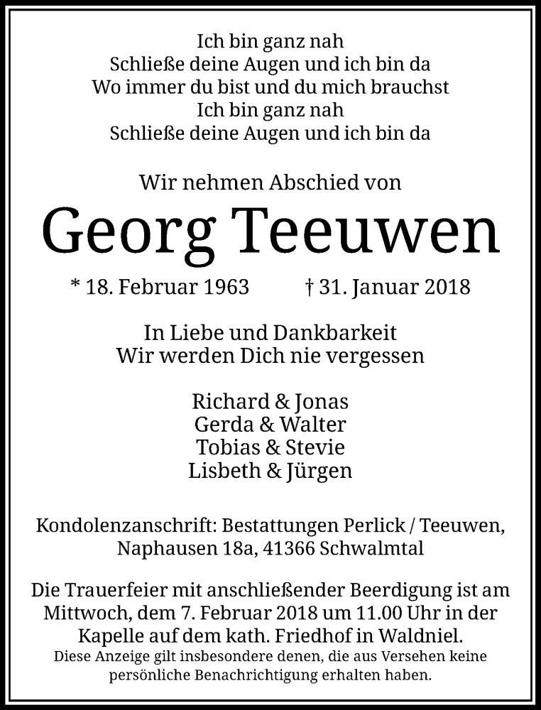  Traueranzeige für Georg Teeuwen vom 03.02.2018 aus Rheinische Post