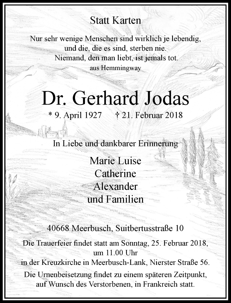  Traueranzeige für Gerhard Jodas vom 24.02.2018 aus Rheinische Post