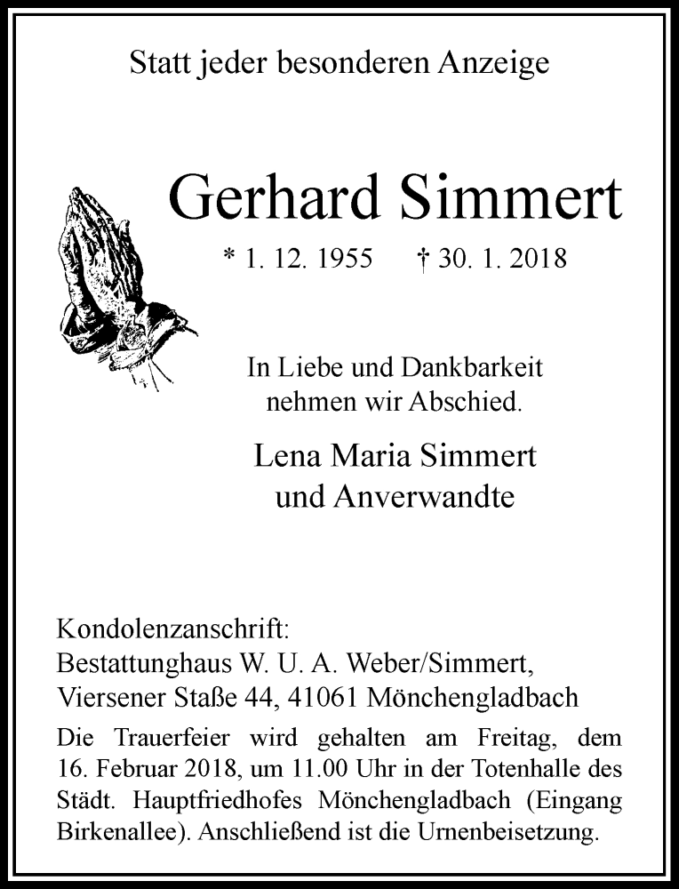  Traueranzeige für Gerhard Simmert vom 10.02.2018 aus Rheinische Post