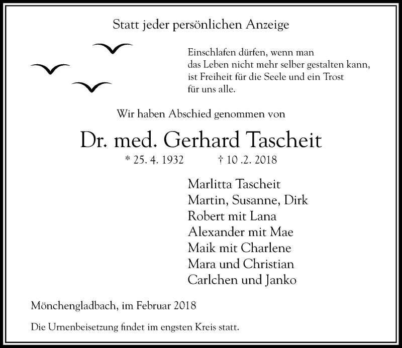  Traueranzeige für Gerhard Tascheit vom 17.02.2018 aus Rheinische Post