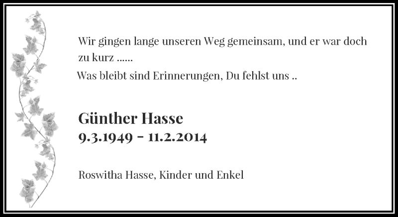  Traueranzeige für Günther Hasse vom 10.02.2018 aus Rheinische Post