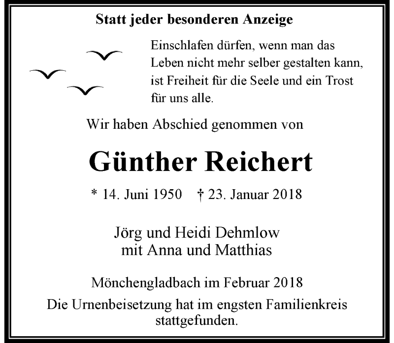  Traueranzeige für Günther Reichert vom 10.02.2018 aus Rheinische Post