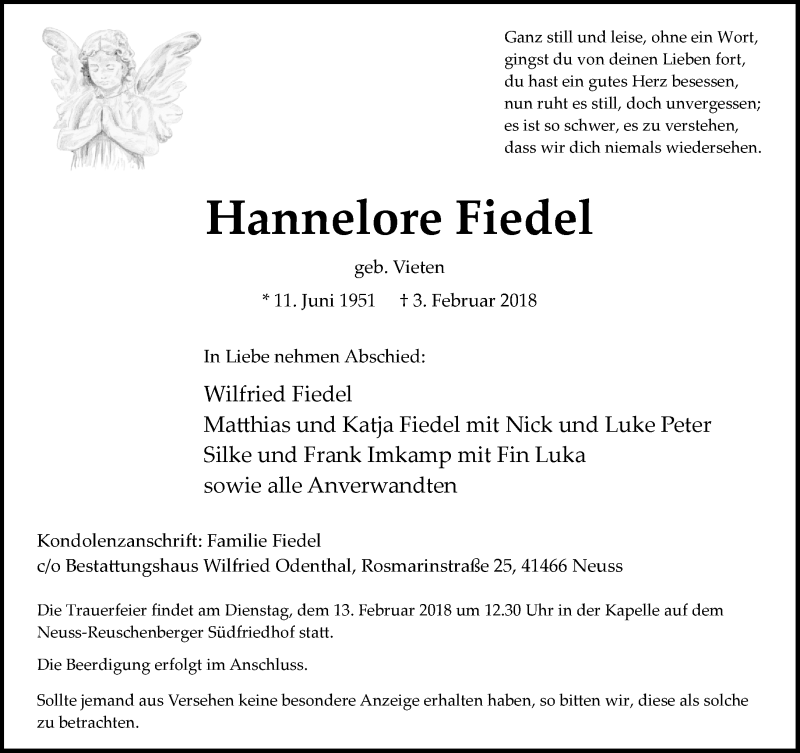  Traueranzeige für Hannelore Fiedel vom 10.02.2018 aus Rheinische Post