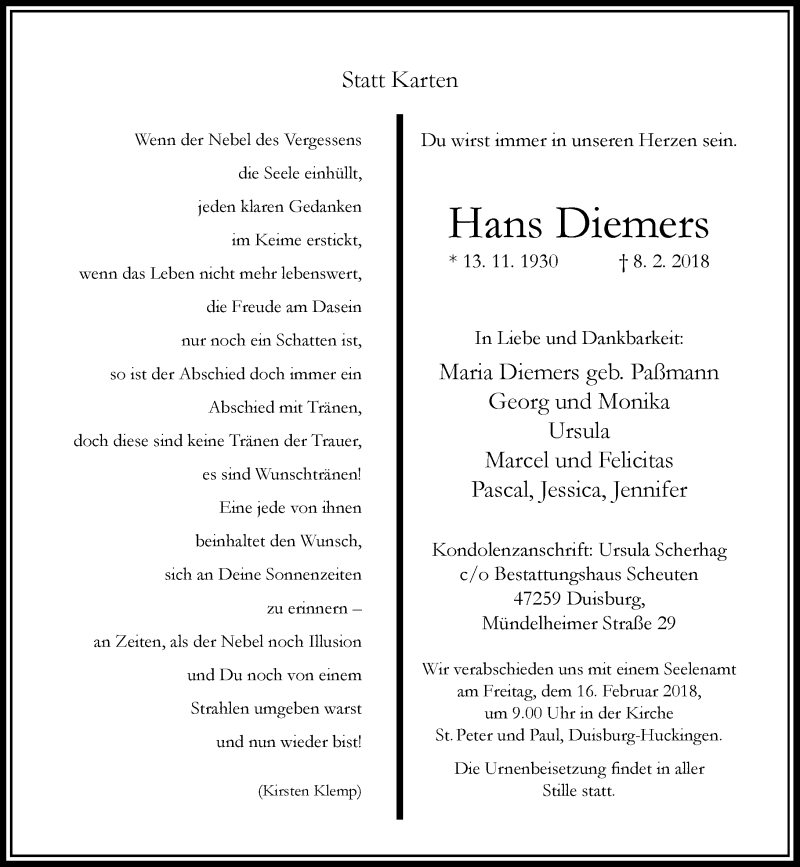  Traueranzeige für Hans Diemers vom 13.02.2018 aus Rheinische Post