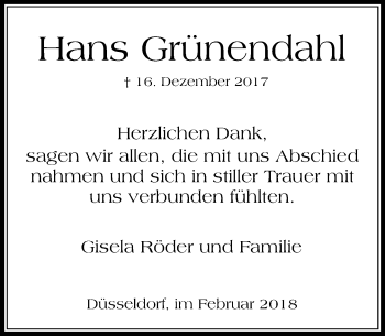 Traueranzeige von Hans Grünendahl von Rheinische Post