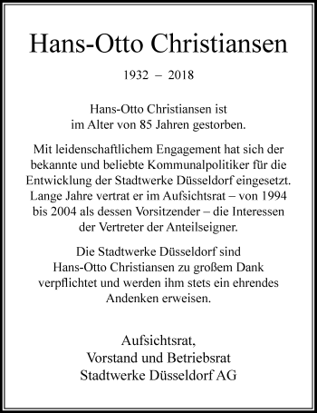 Traueranzeige von Hans-Otto Christiansen von Rheinische Post