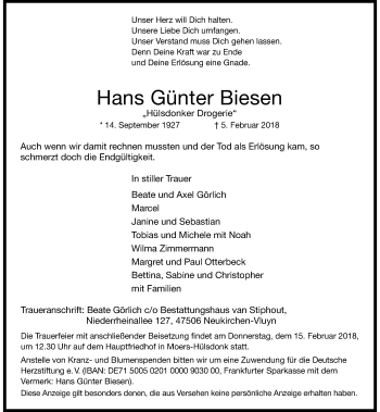 Traueranzeige von Hans Günter Biesen von Rheinische Post