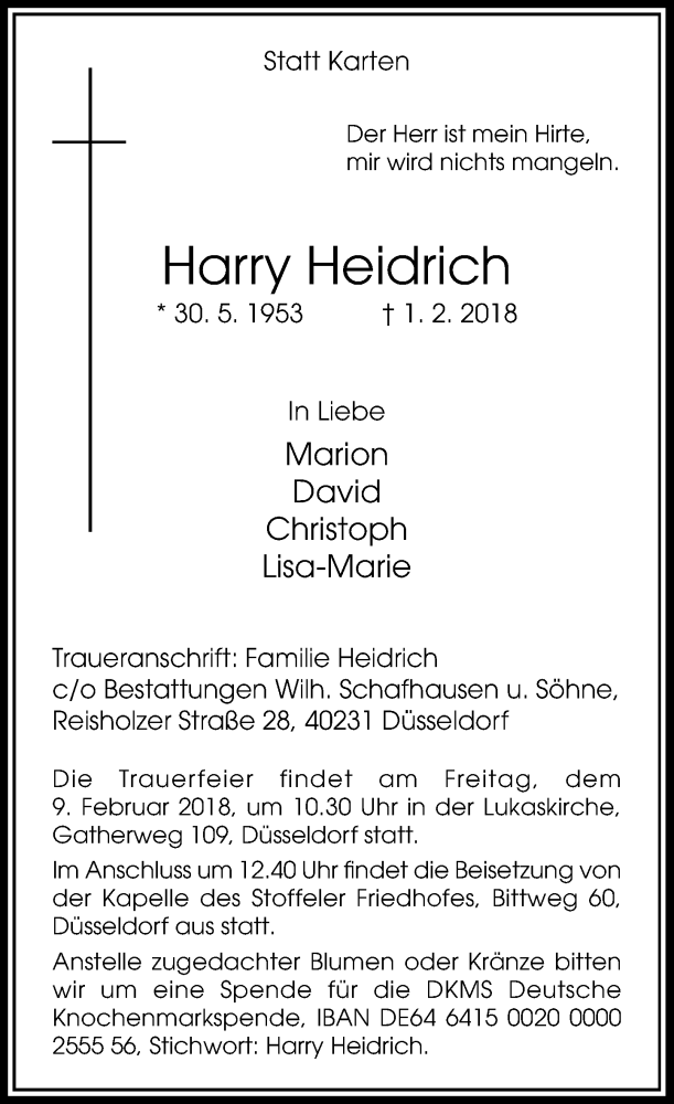  Traueranzeige für Harry Heidrich vom 05.02.2018 aus Rheinische Post
