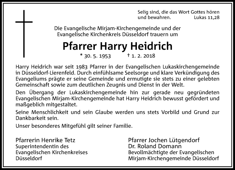  Traueranzeige für Harry Heidrich vom 07.02.2018 aus Rheinische Post
