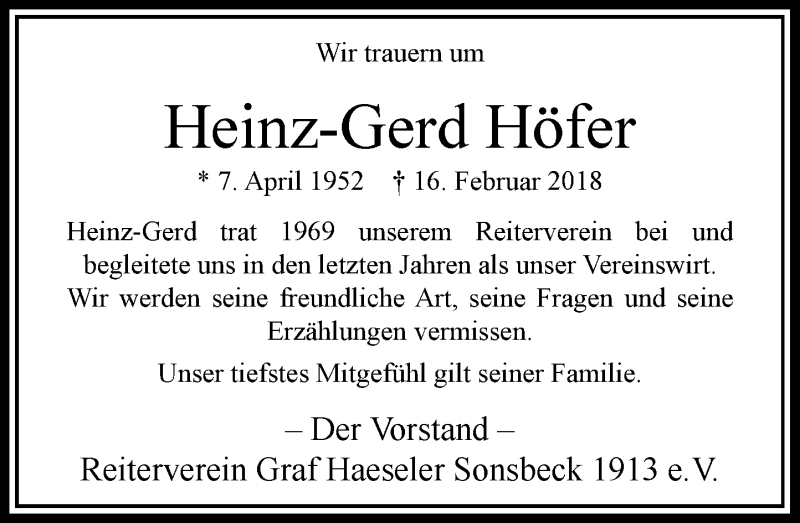  Traueranzeige für Heinz-Gerd Höfer vom 21.02.2018 aus Rheinische Post