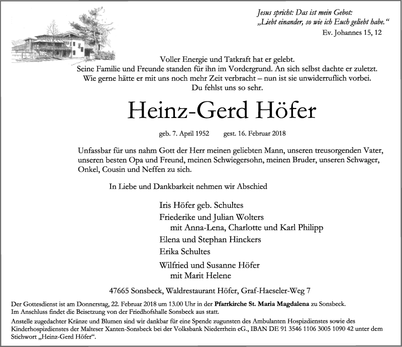  Traueranzeige für Heinz-Gerd Höfer vom 19.02.2018 aus Rheinische Post
