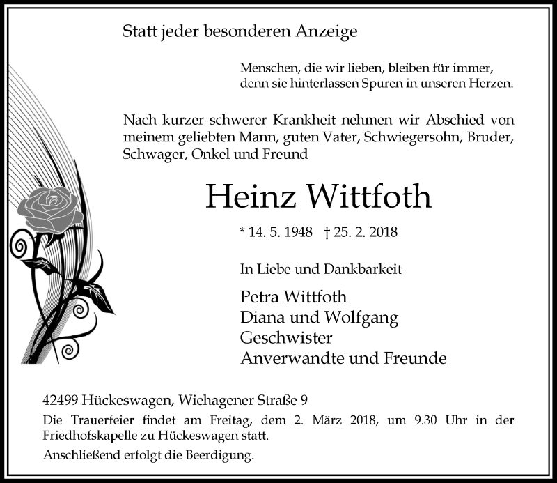  Traueranzeige für Heinz Wittfoth vom 27.02.2018 aus Rheinische Post