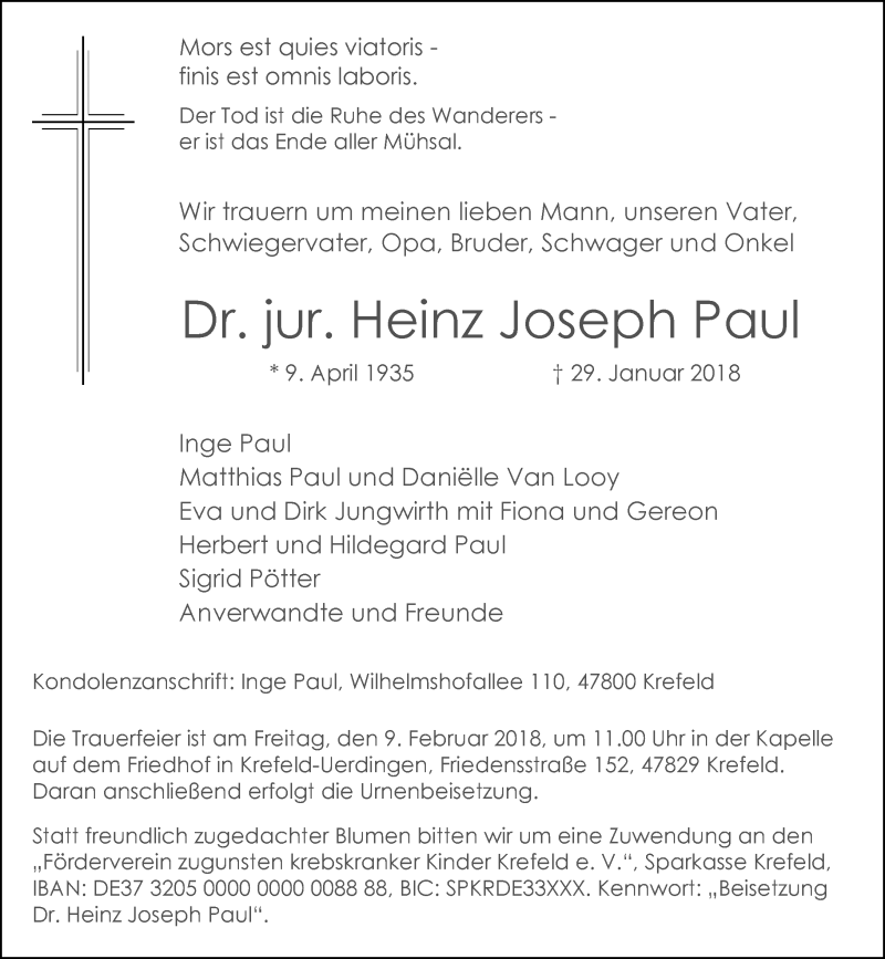  Traueranzeige für Heinz Joseph Paul vom 03.02.2018 aus Rheinische Post