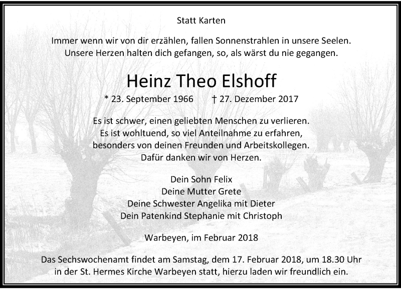  Traueranzeige für Heinz Theo Elshoff vom 10.02.2018 aus Rheinische Post